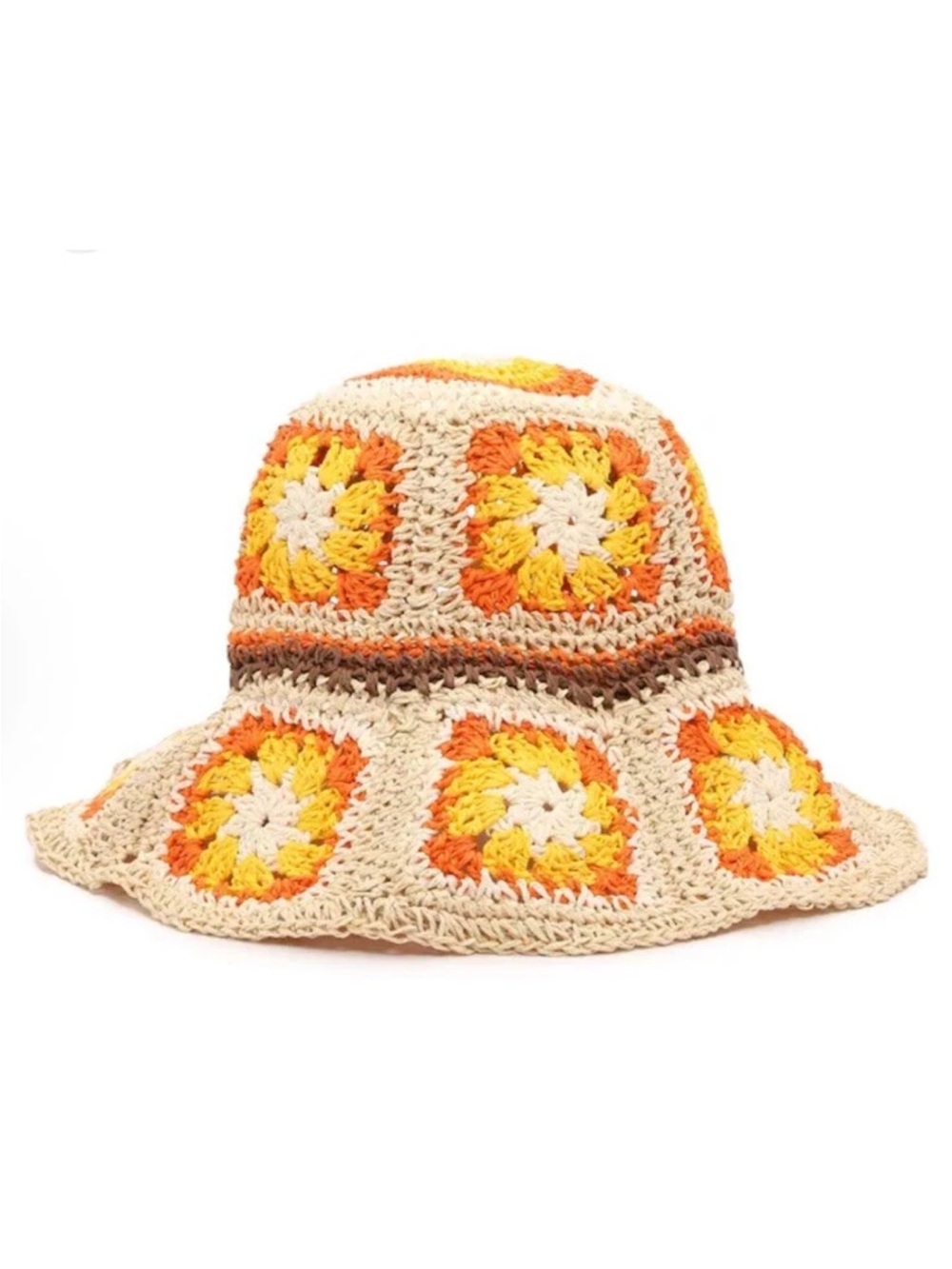 Steve Madden Boho Hippie Crochet Bucket Hat Granny Square Orange & Yellow